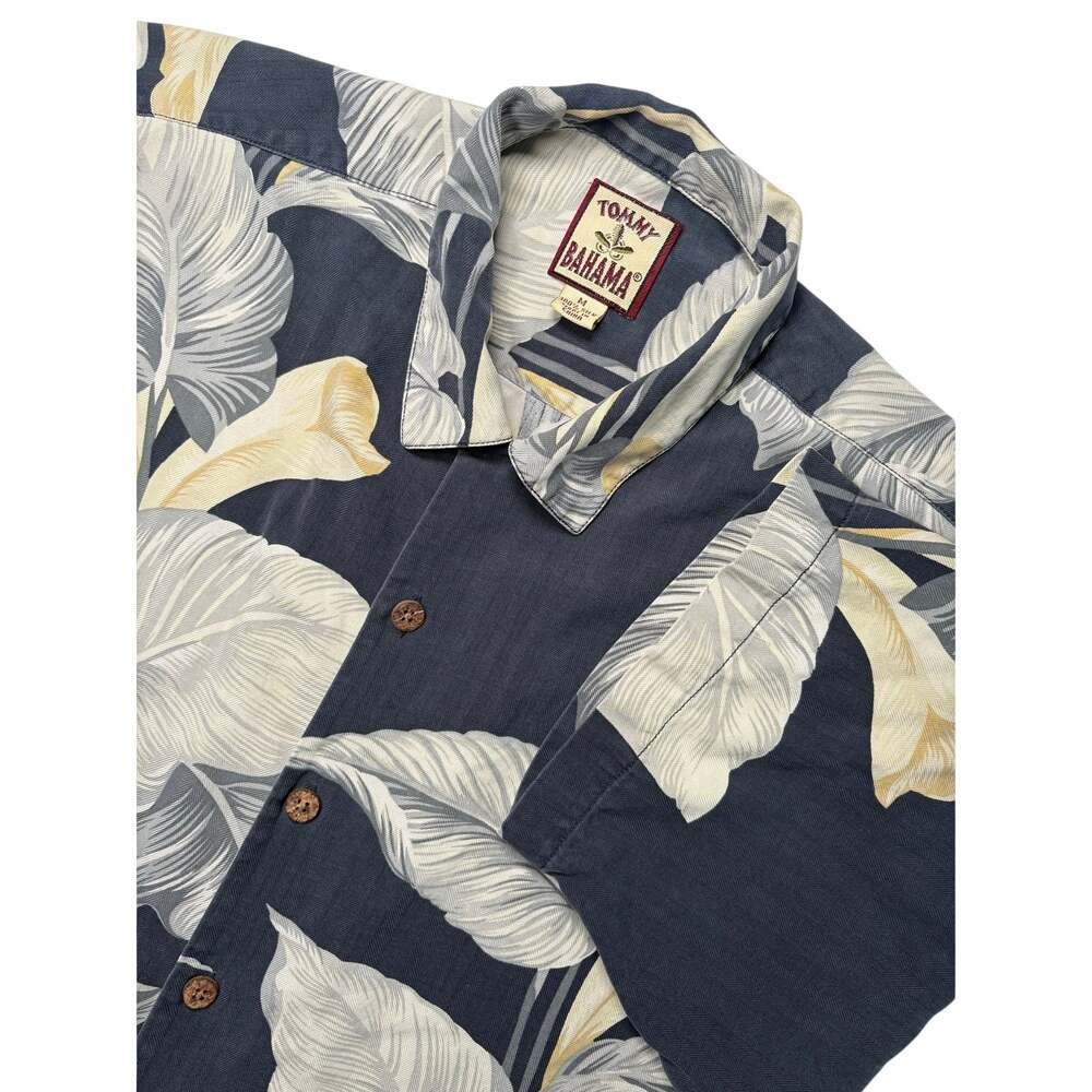 Tommy Bahama Silk Hawaiian Shirt Mens Medium M Navy Blue Tropical Leaf Camp